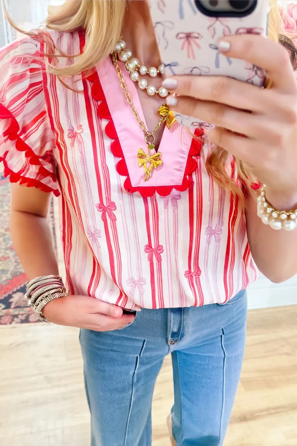 Ric-Rac Trim Ruffled Sleeve Striped Printed Blouse, image 2