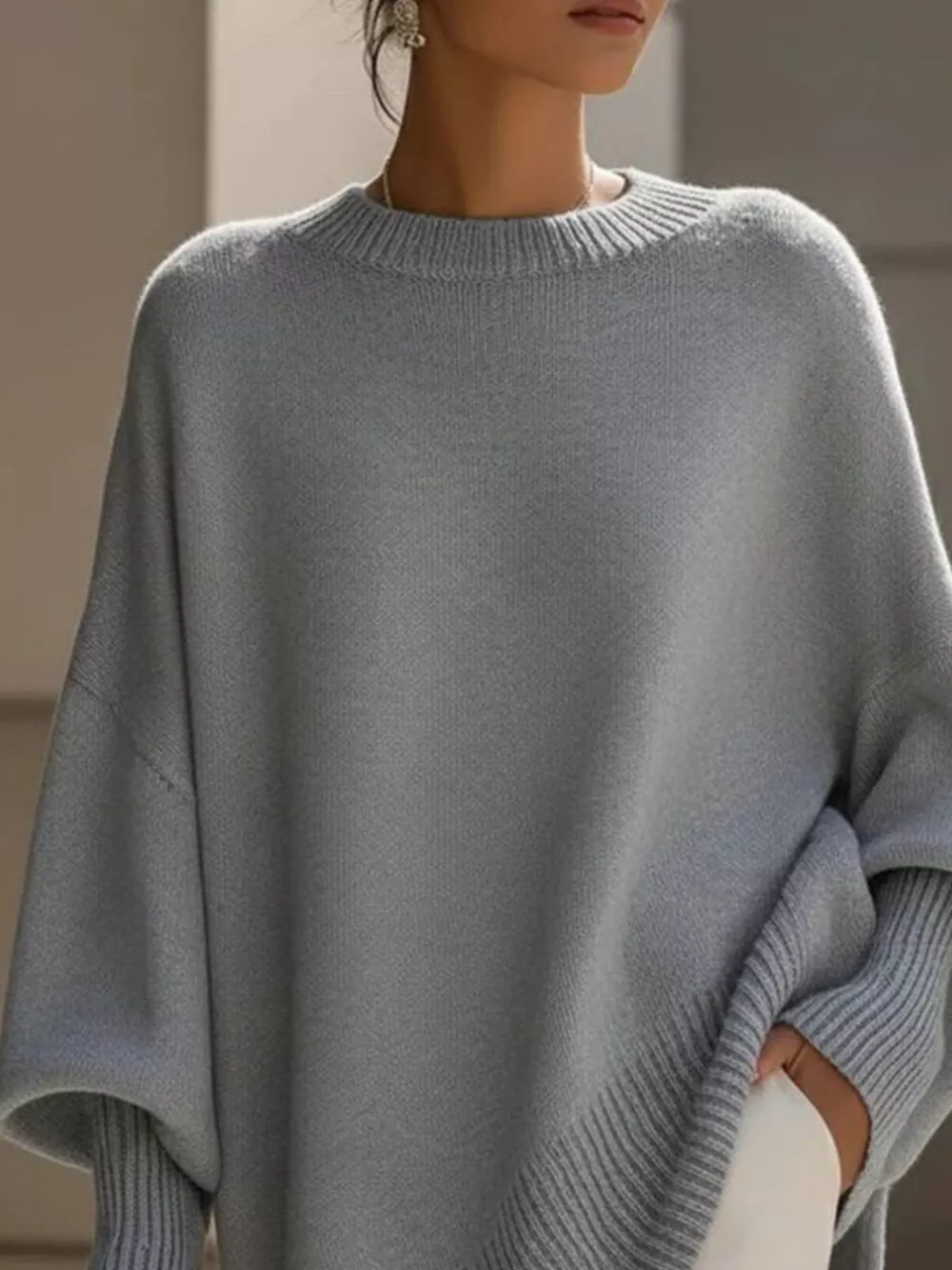 Ribbed Batwing Sleeve Oversized Sweater, image 5