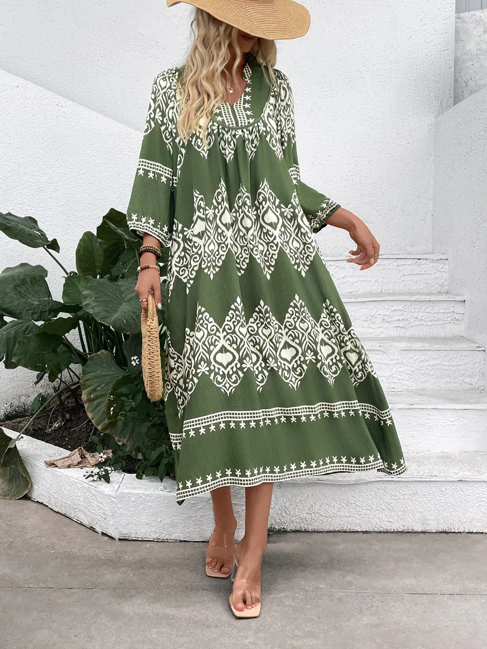 Printed Notched Midi Dress with Pockets, image 3