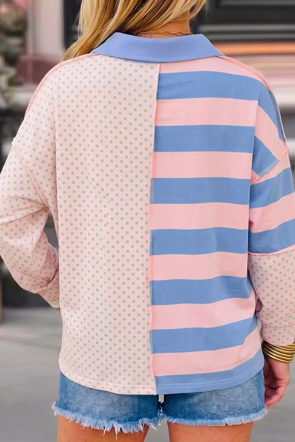 Striped Polka Dot Patchwork Polo Collar Long Sleeve Top, image 2