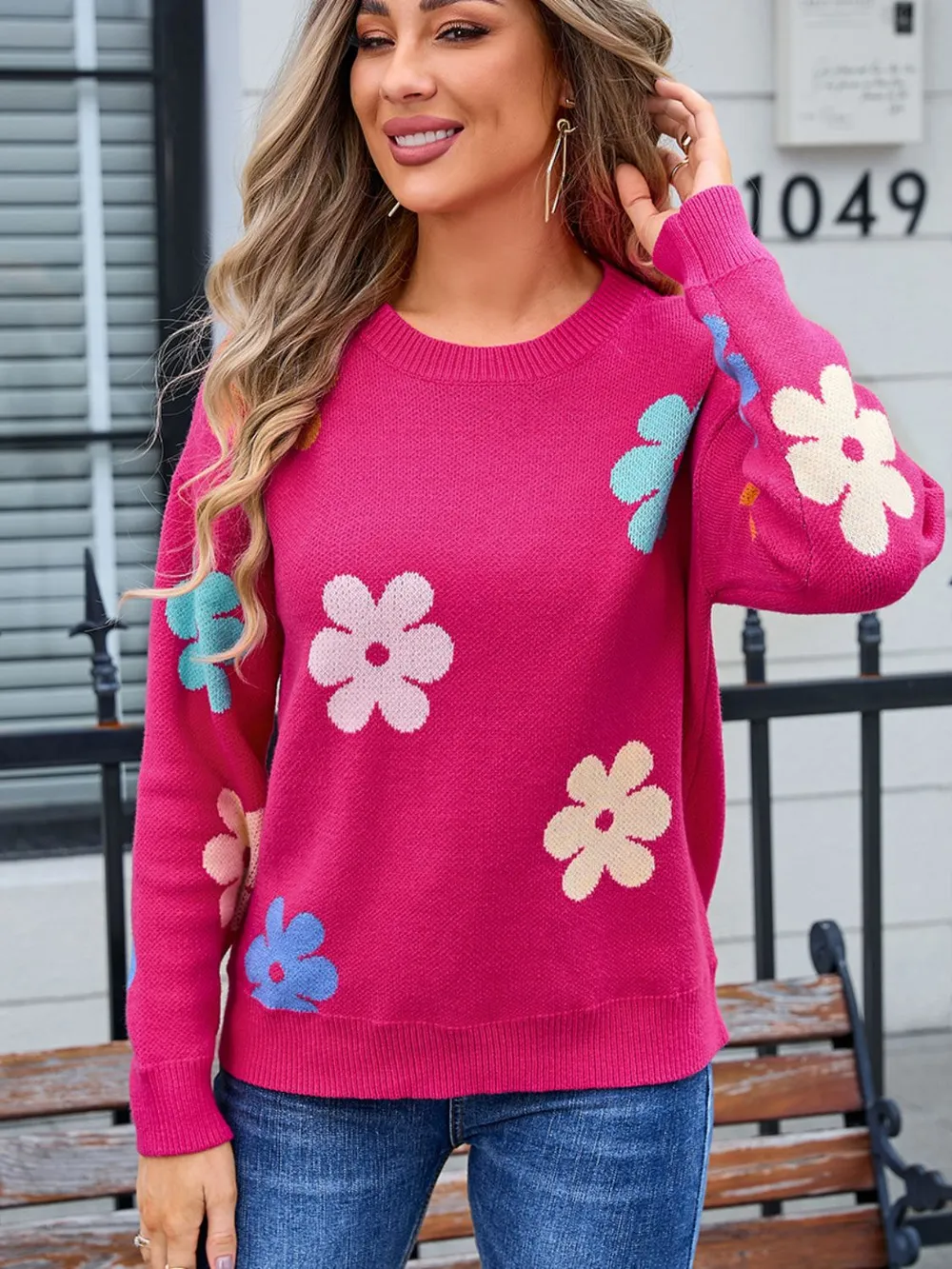 Flower Round Neck Long Sleeve Sweater, image 7