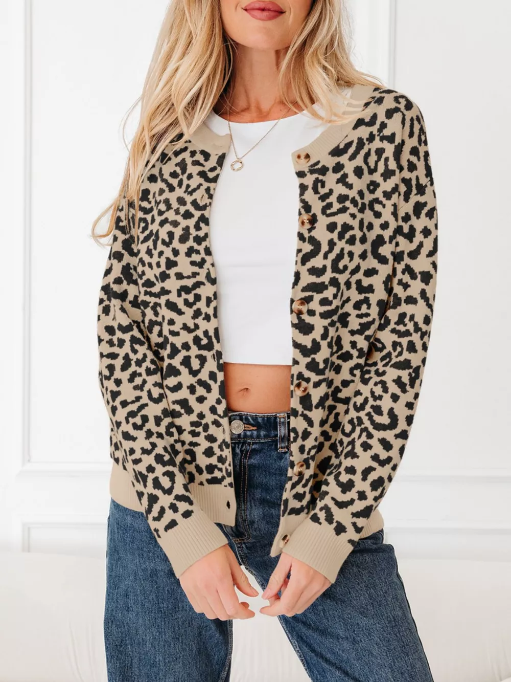 Leopard Drop Shoulder Chunky Knitted Cardigan
