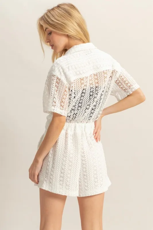 Crochet Button Front Short Sleeve Romper, image 2