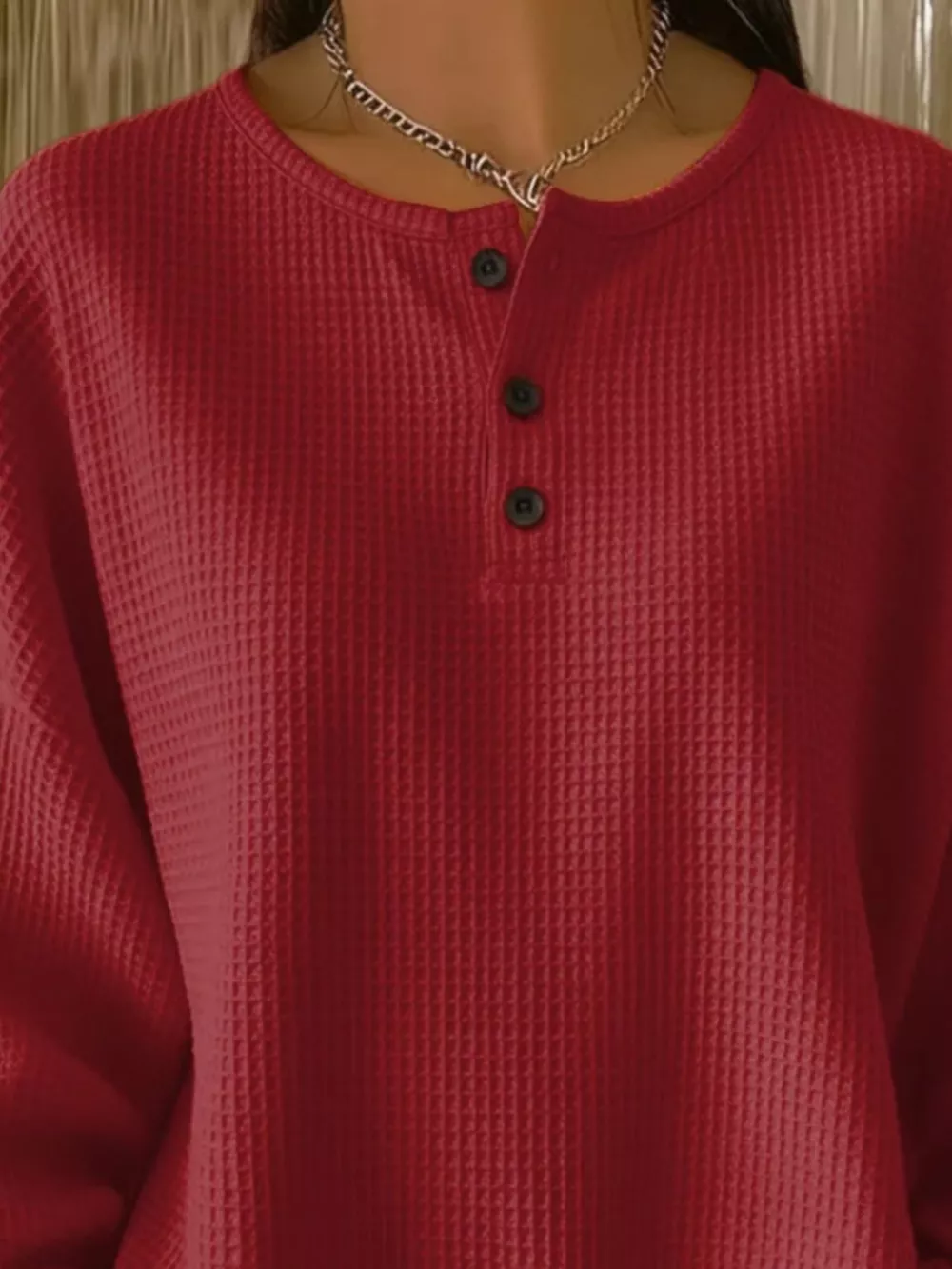 Full Size Casual Waffle Knit Button Detail Pullover Plus Size, image 14