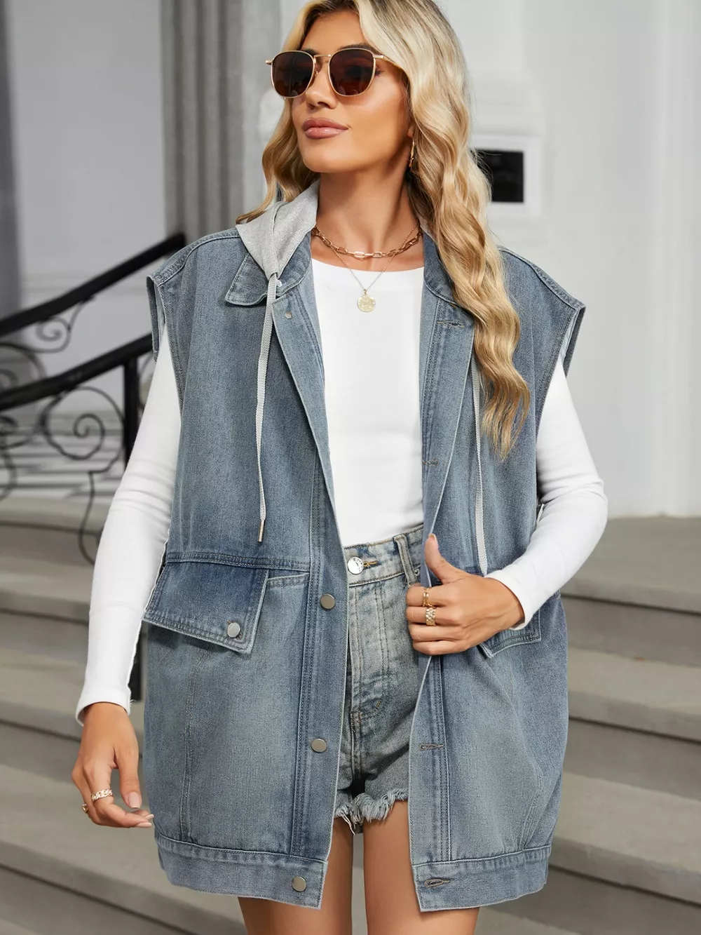 Removable Hood Button Up Cap Sleeve Denim Jacket, image 2