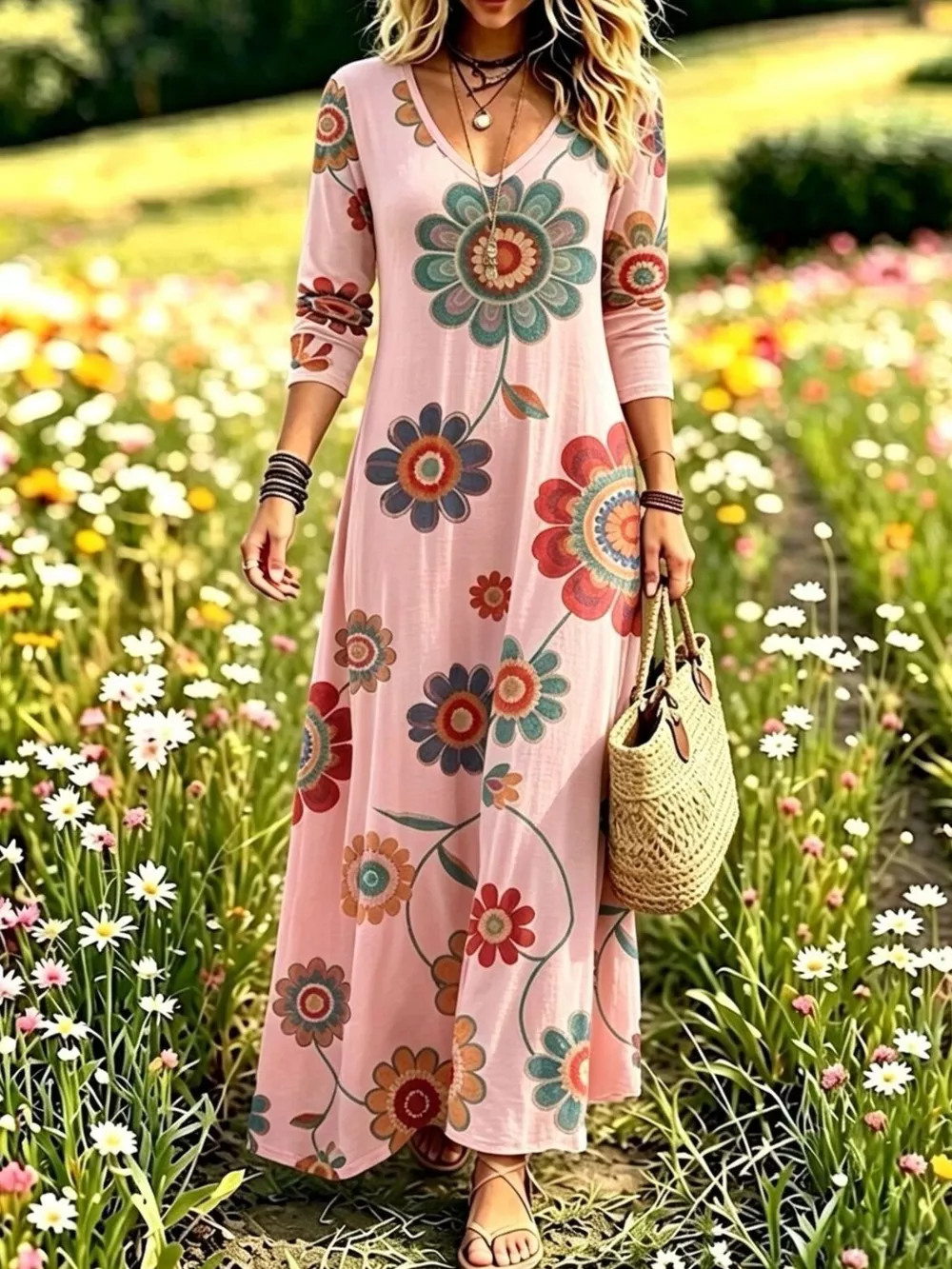 Floral Print V-Neck Long Sleeve Maxi Dress, image 10