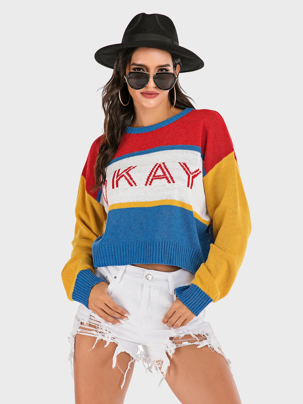 OKAY Contrast Dropped Shoulder Long Sleeve Sweater