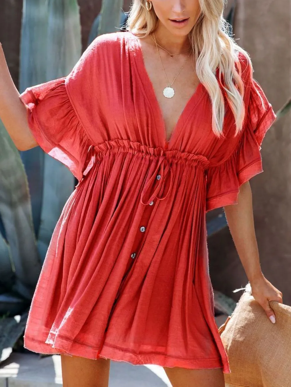 Drawstring Ruffled Half Sleeve Mini Dress, image 11
