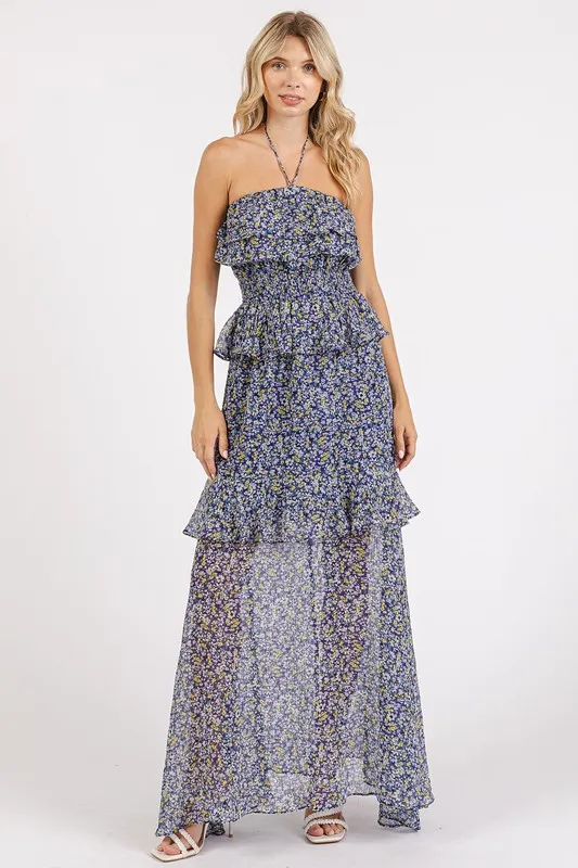 Ruffled Smocked Floral Halter Neck Maxi Dress, image 3