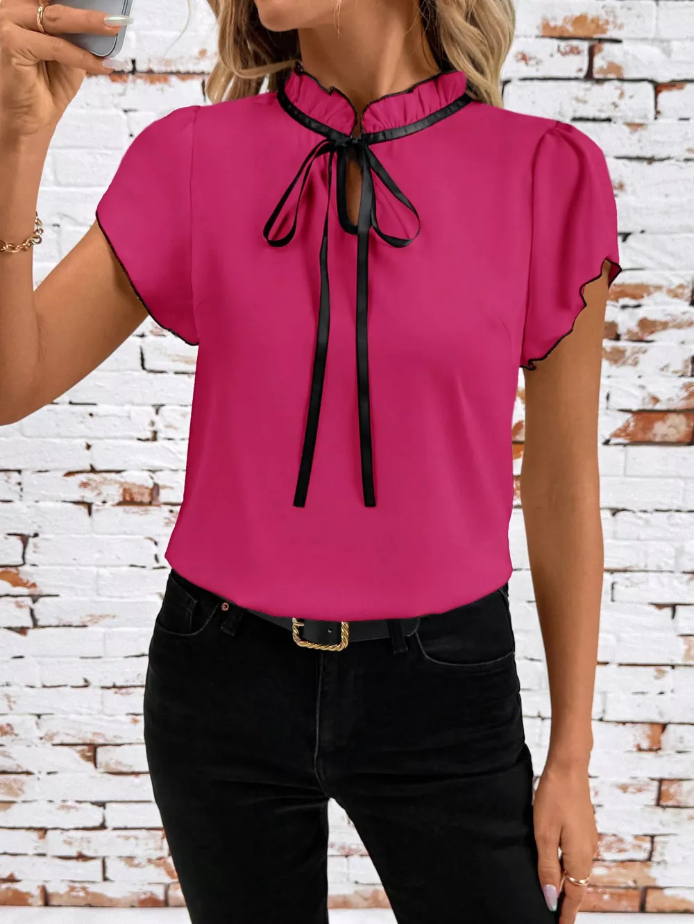 Tie Neck Short Sleeve Blouse, image 3