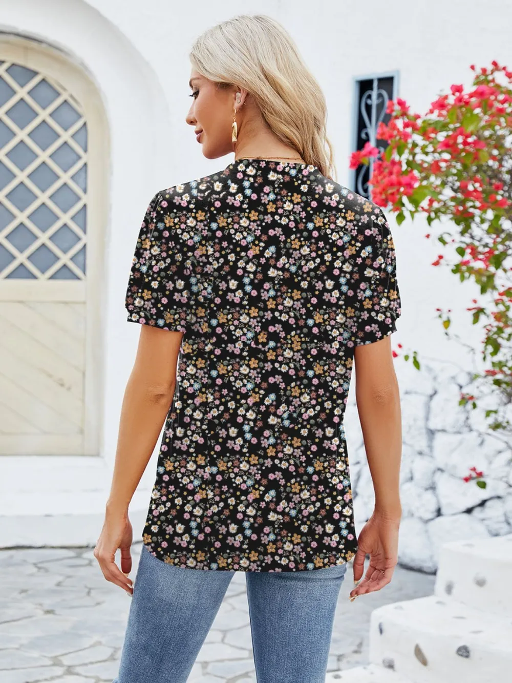 Ruched Printed Notched Short Sleeve Blouse, image 7