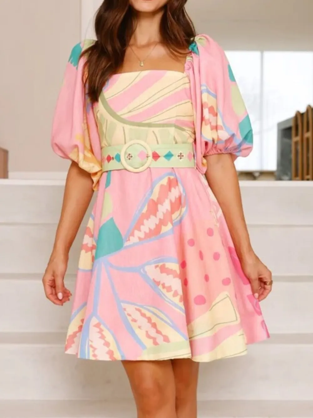 Printed Square Neck Puff Sleeve Dress, image 6
