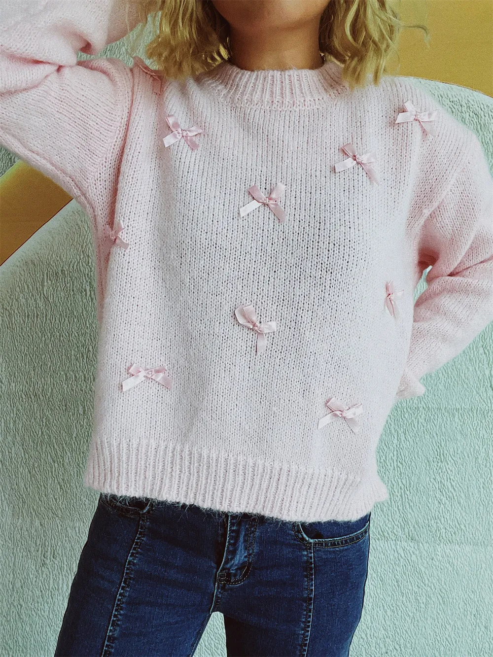Bow Trim Round Neck Long Sleeve Sweater, image 11