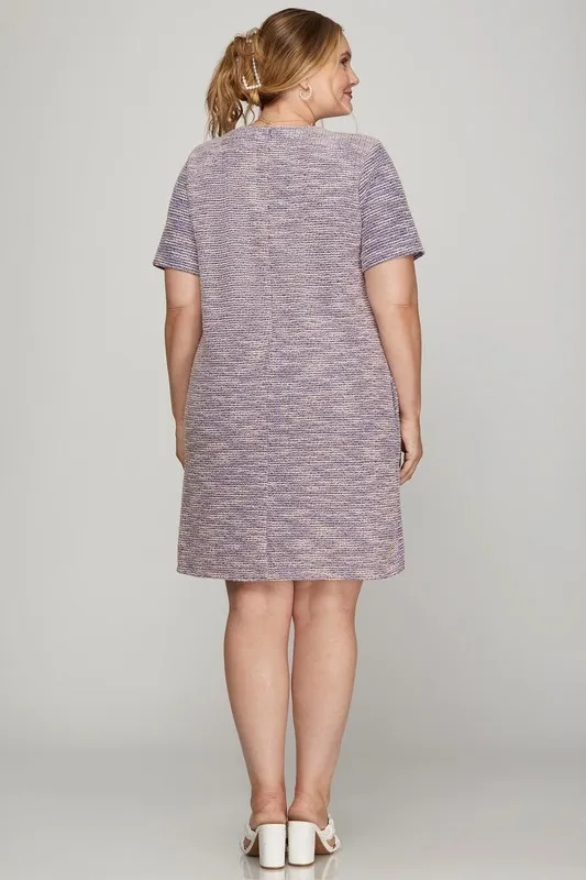 Full Size Short Sleeve Pearl Studded Trim Knit Tweed Dress Plus Size, image 3