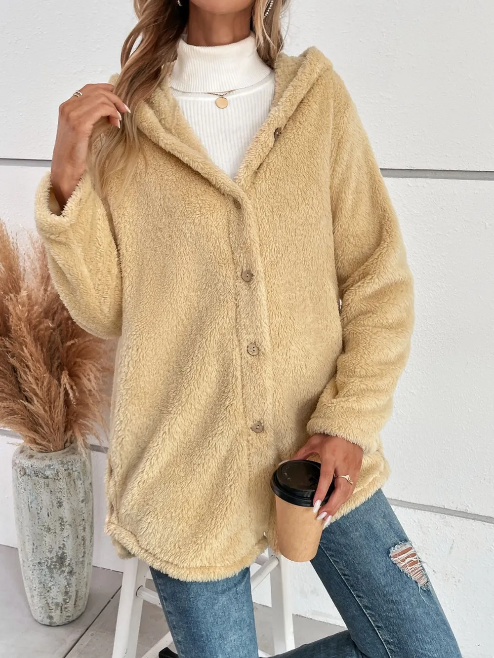 Fuzzy Button Up Hooded Jacket, image 4