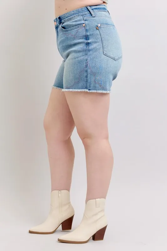 Full Size High Waist Western Embroidery Detail Cut Off Denim Shorts Plus Size, image 2