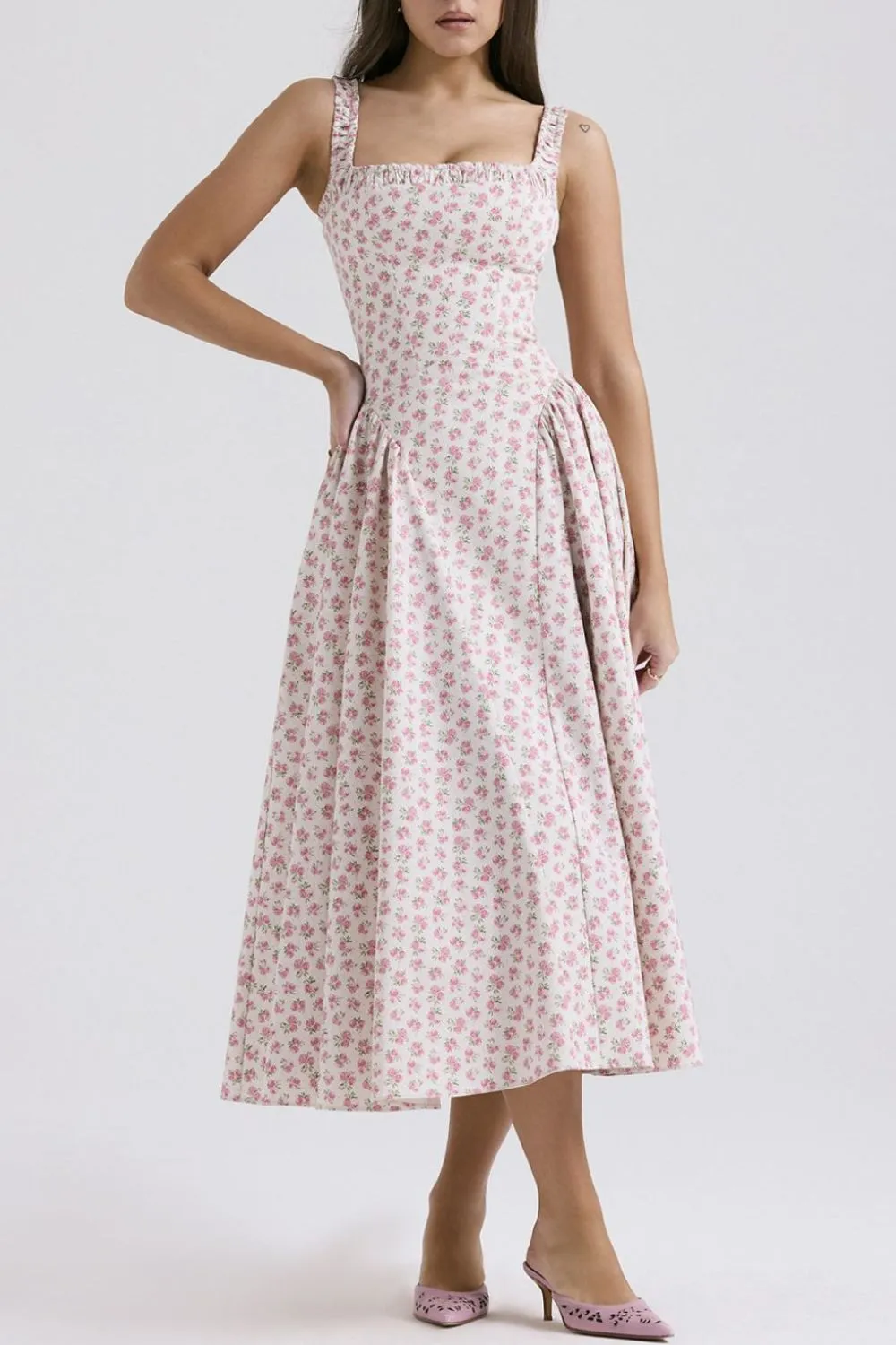 Floral Square Neck Wide Strap Midi Dress