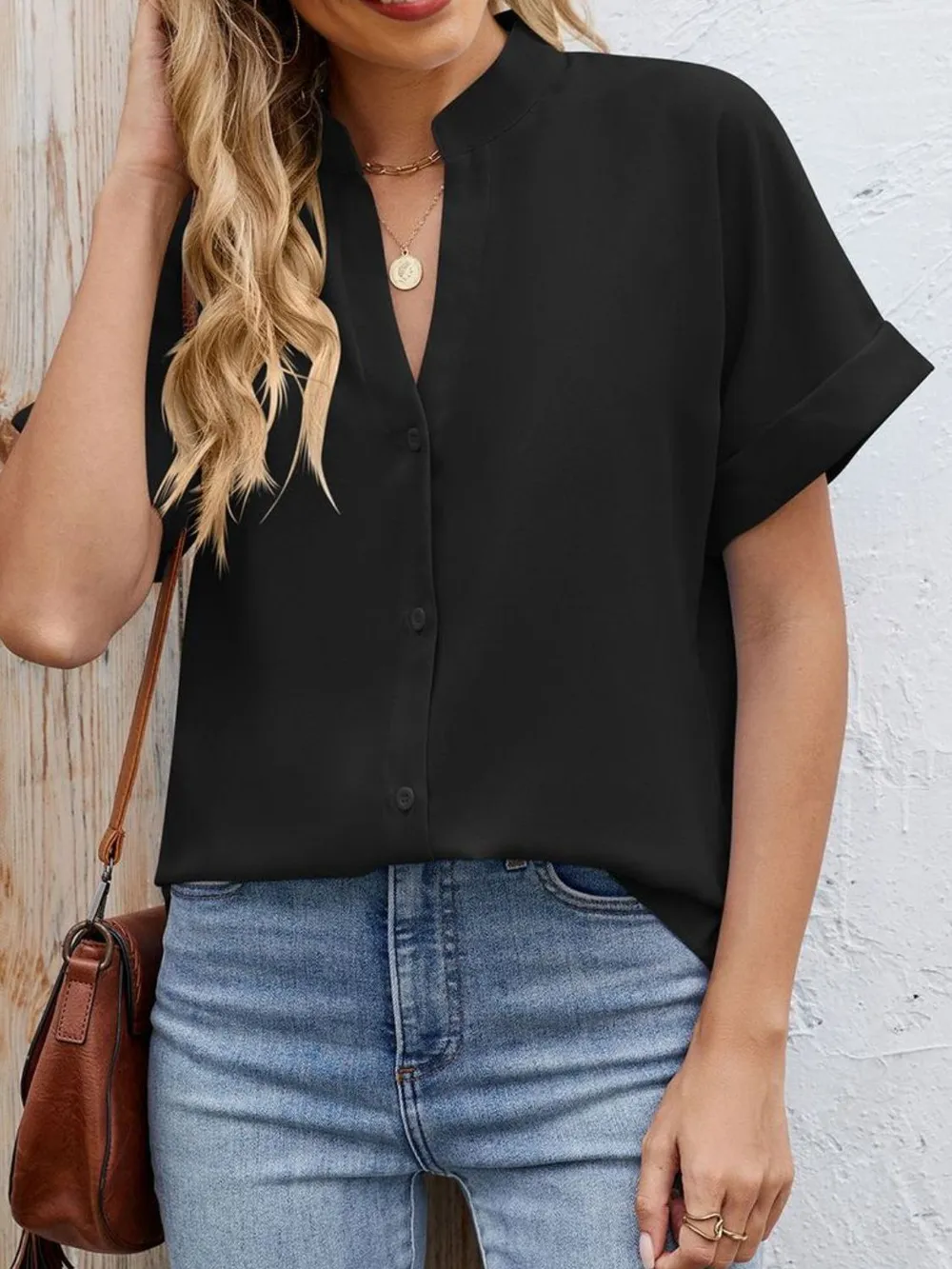 Notched Short Sleeve Blouse, image 5