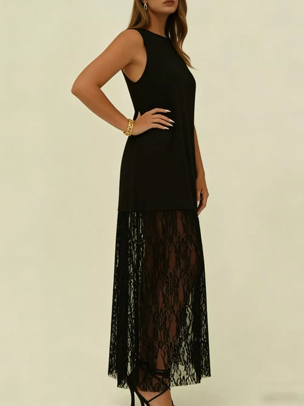 Plus Size Sleeveless Lace Trim Maxi Dress, image 2