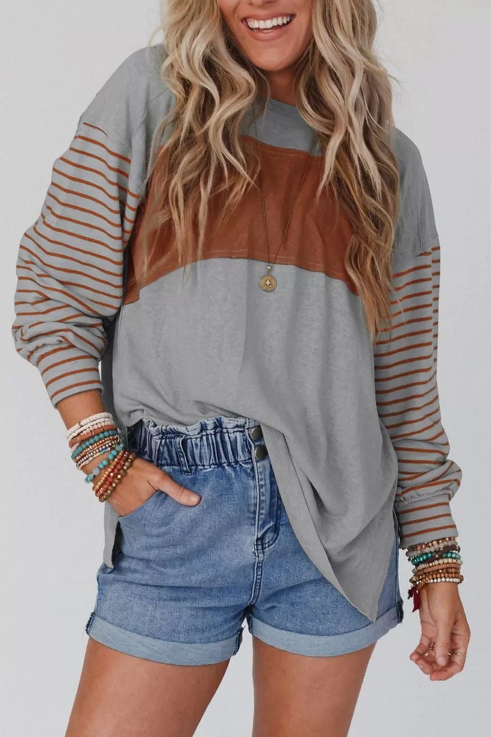 Colorblock Striped Bishop Sleeve Top, image 5