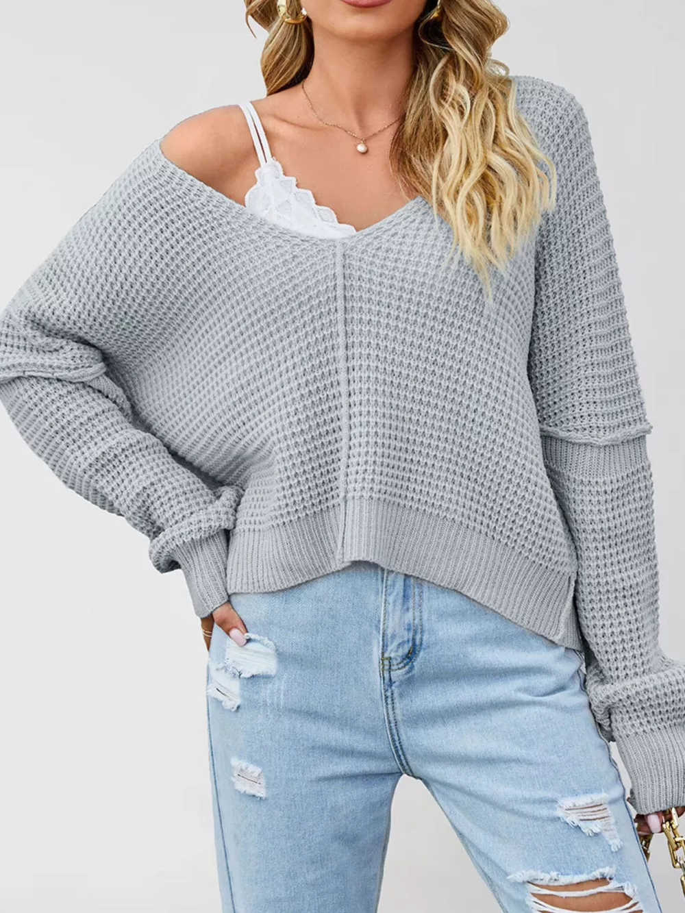 Waffle Knit Dropped Shoulder Sweater, image 2