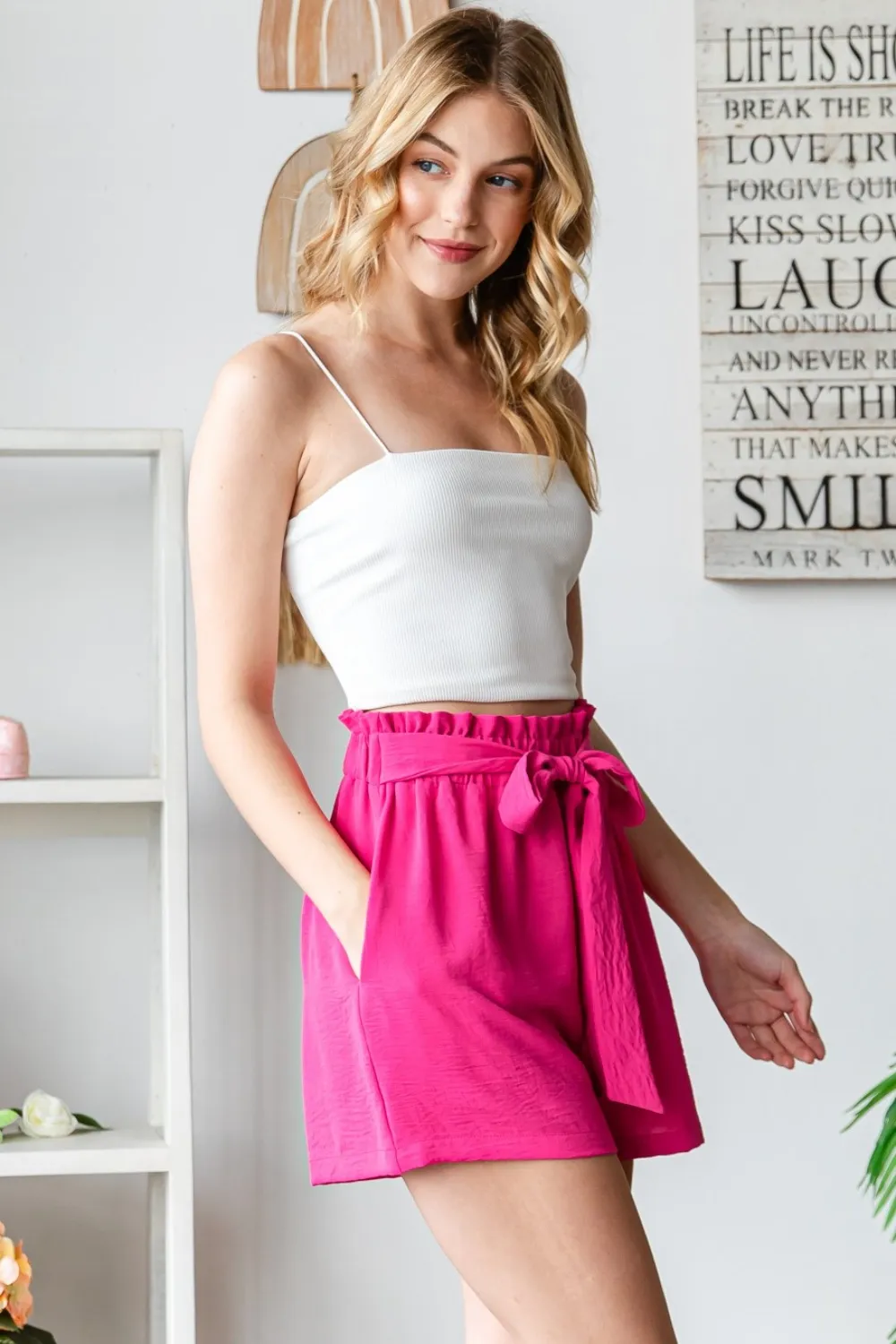 Full Size Texture High Waist Tied Shorts, image 3