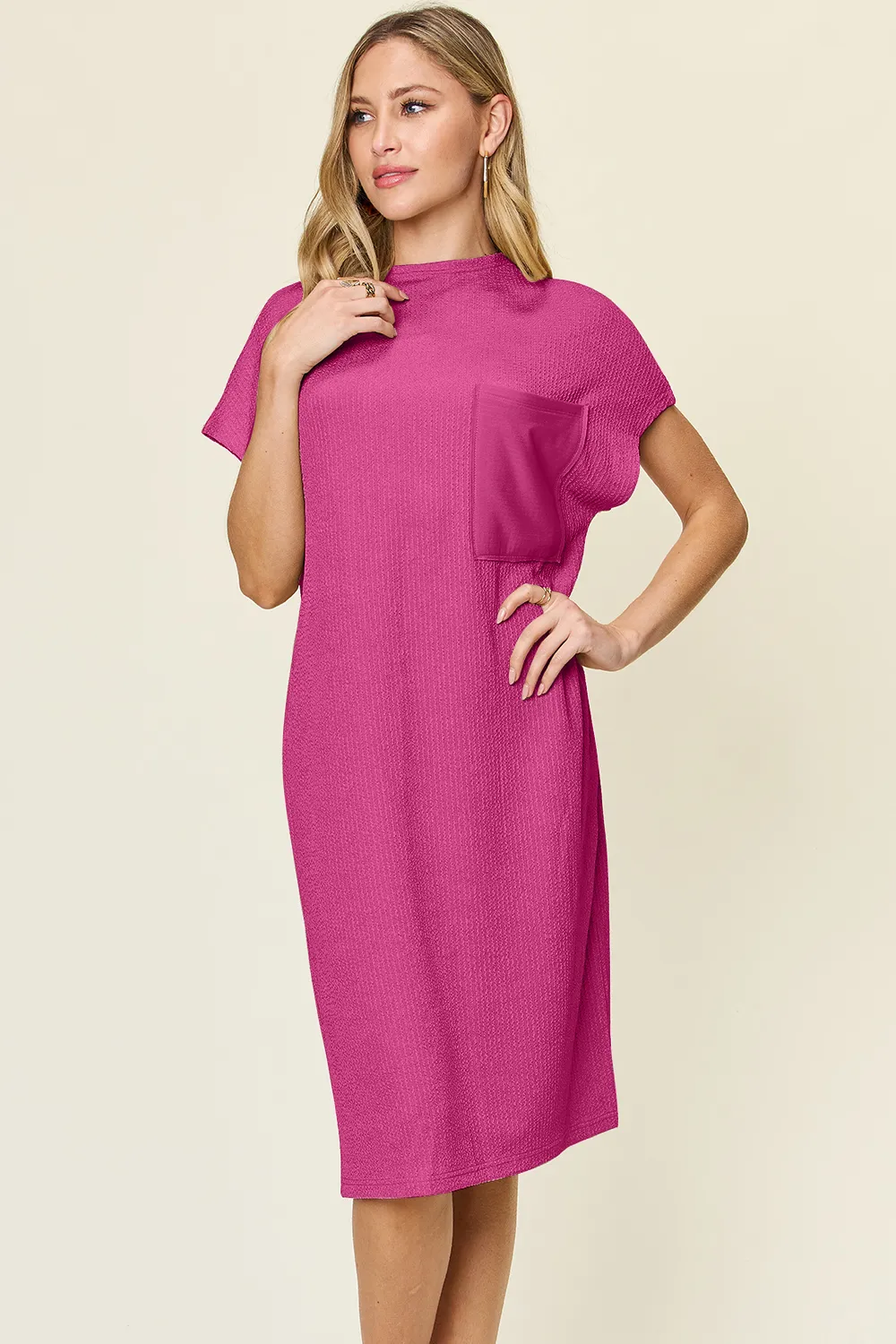 Full Size Texture Mock Neck Short Sleeve Dress, image 2