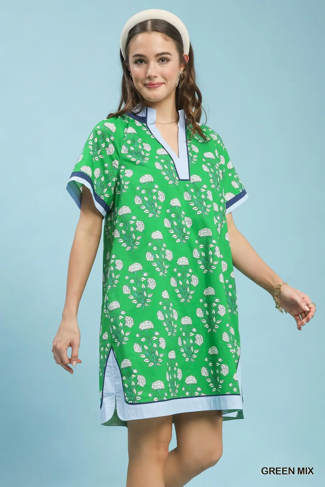 Printed Split Neck Short Sleeve Shift Dress, image 3