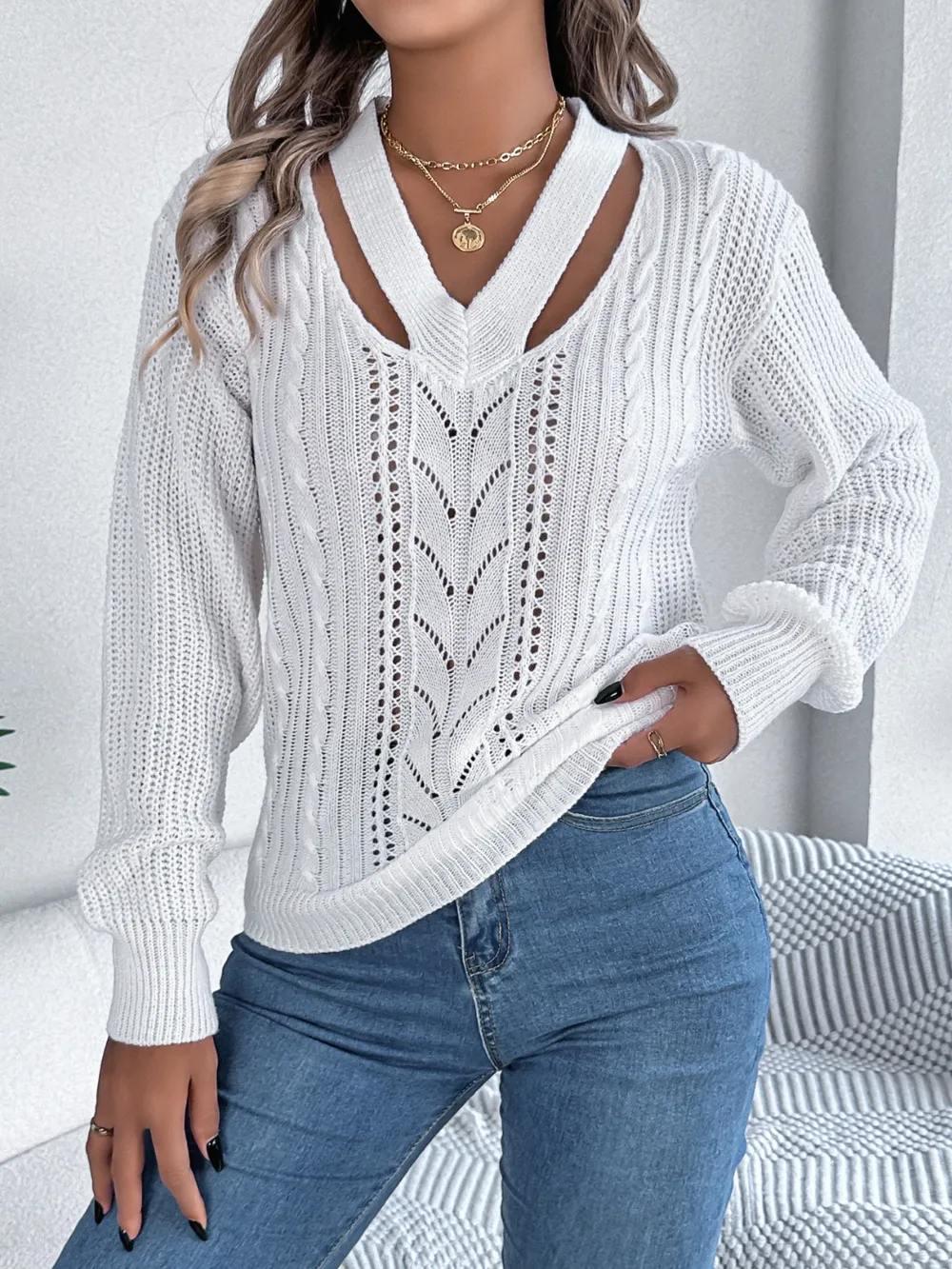 Cutout V-Neck Long Sleeve Sweater, image 2