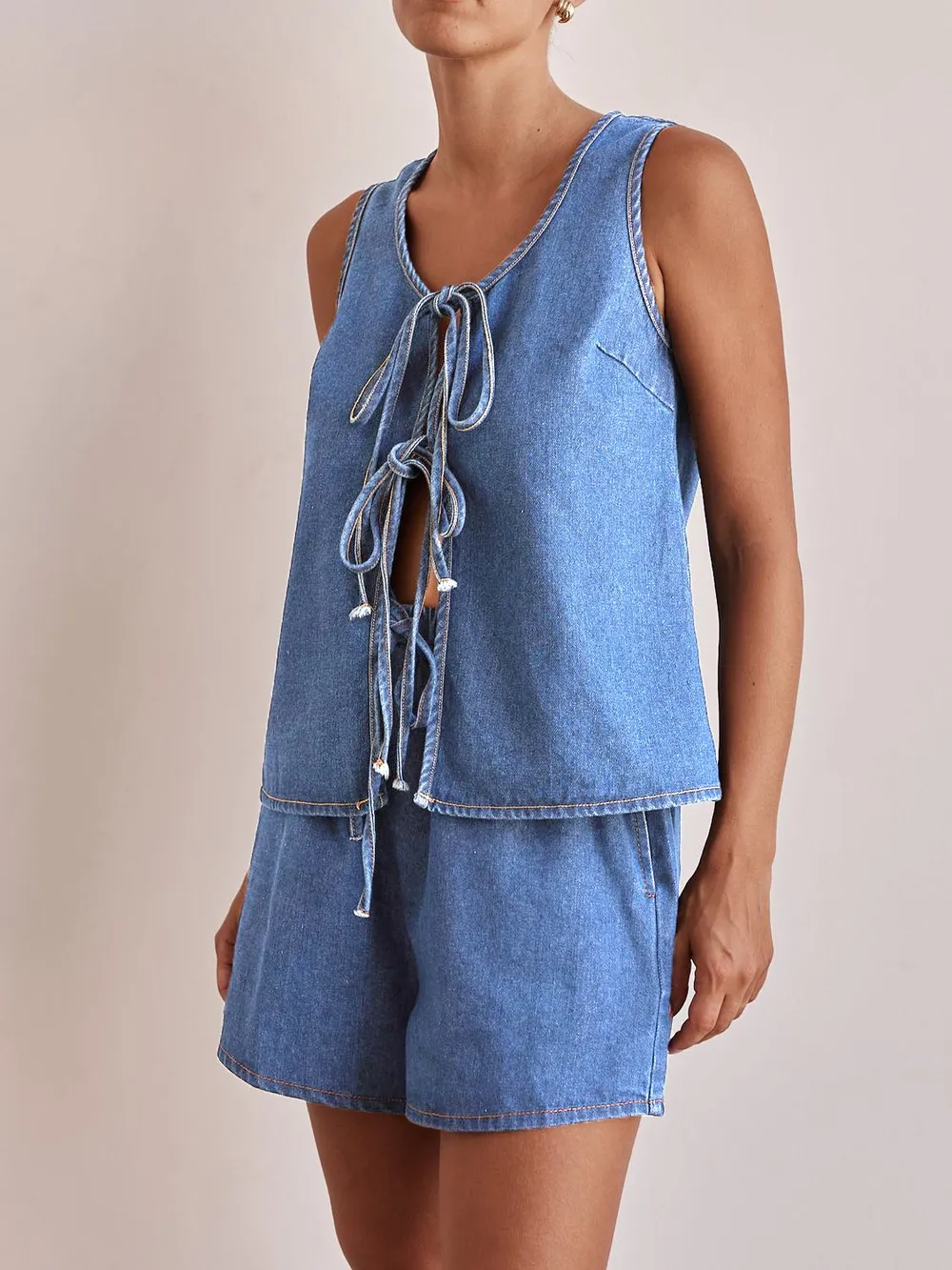 Tie Front Vest and Shorts Denim Set, image 10