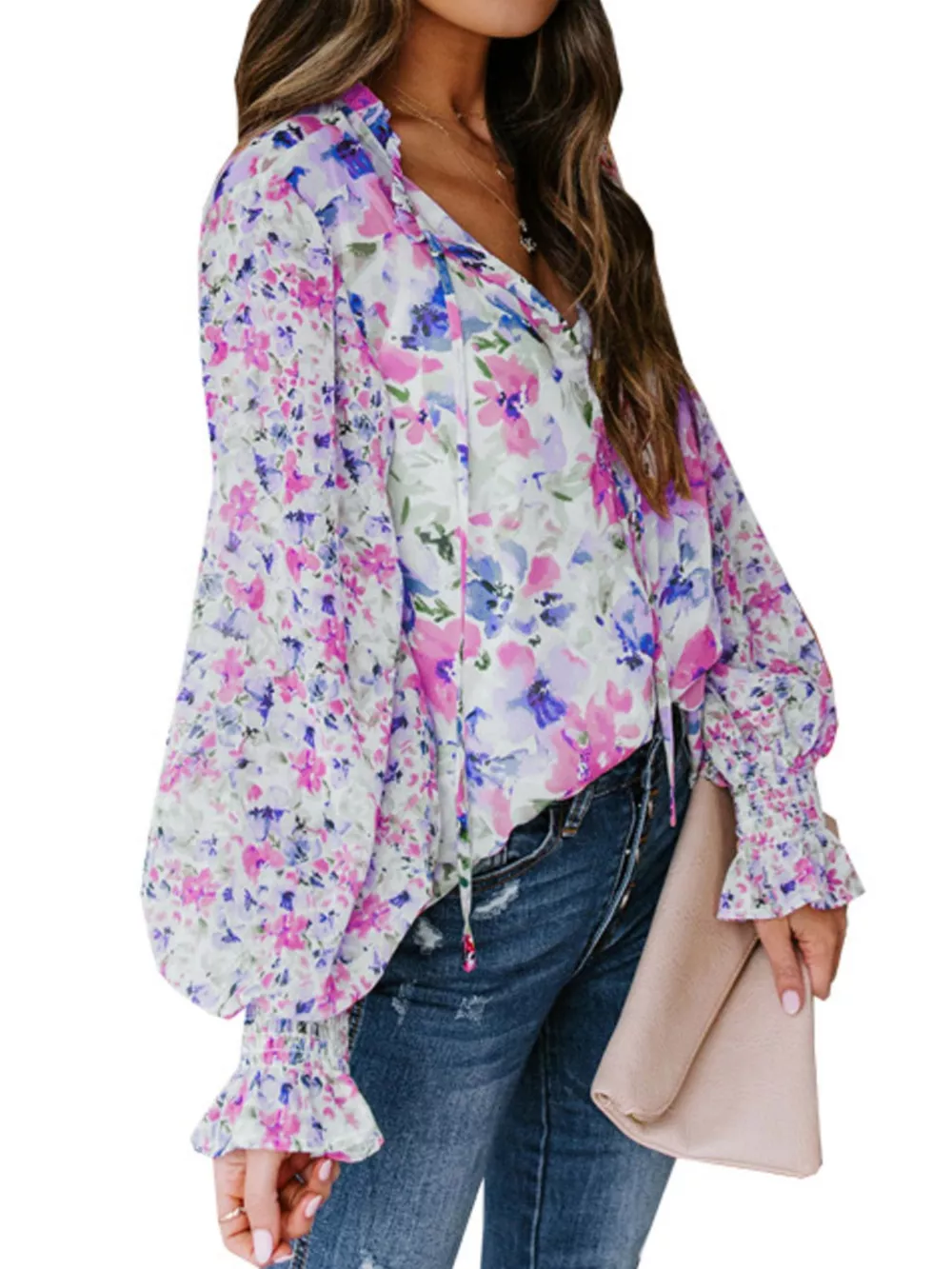 Full Size Floral Print Smocked Cuff Blouse Plus Size, image 6