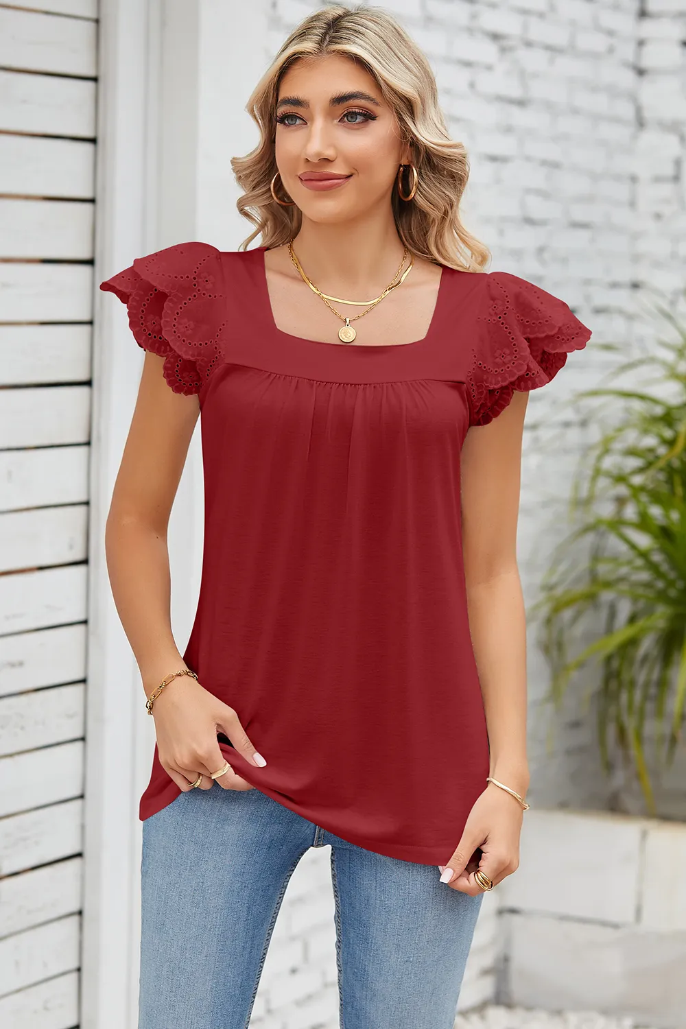 Eyelet Square Neck Cap Sleeve Blouse, image 10
