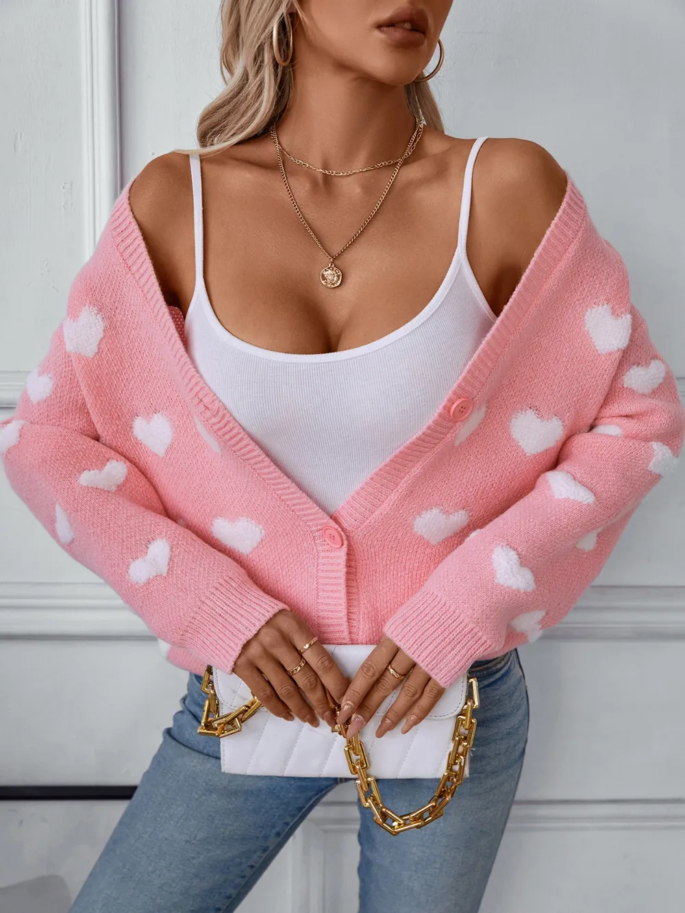 Heart V-Neck Button Up Long Sleeve Cardigan, image 3