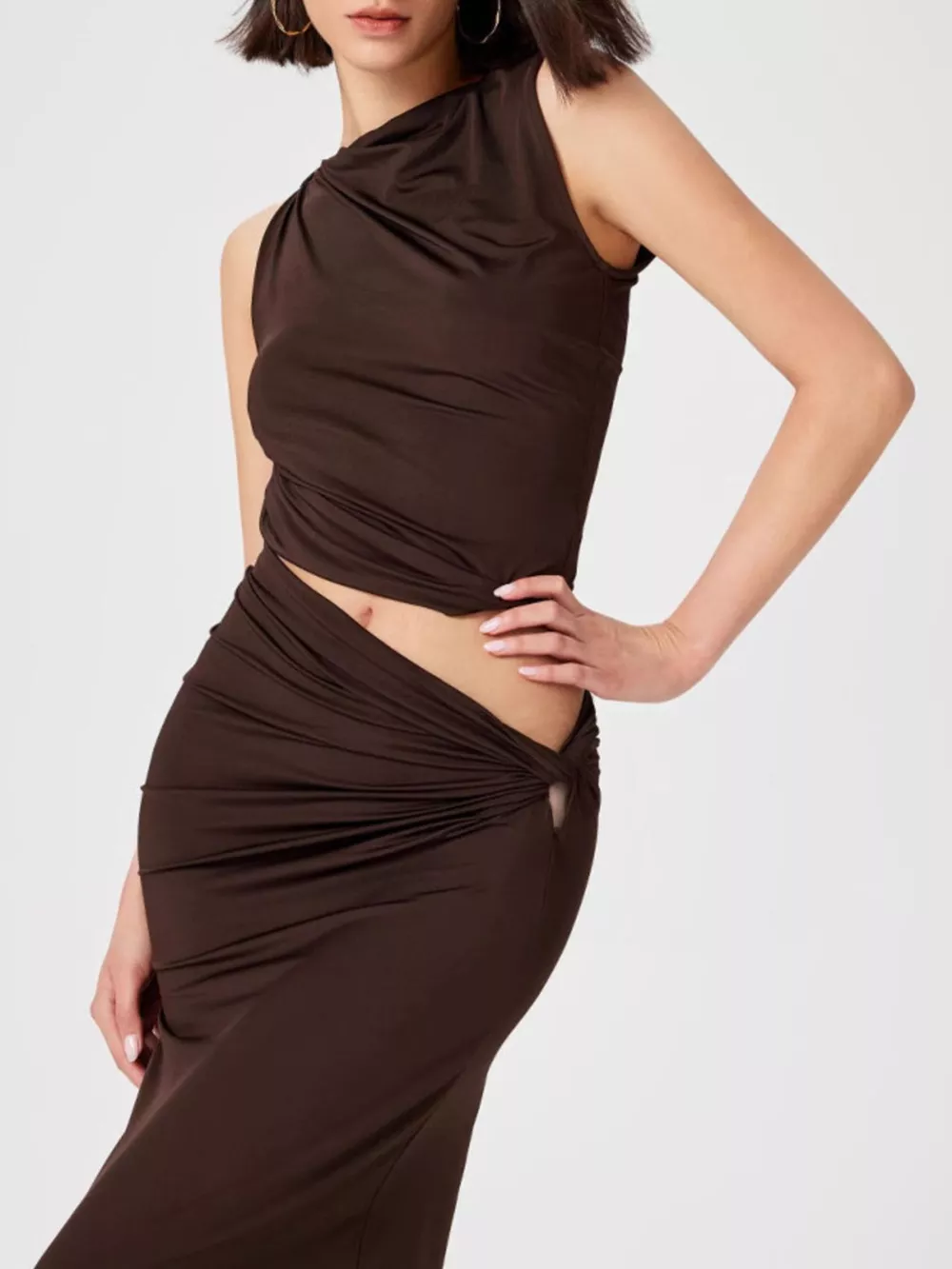 Asymmetrical Ruched Knit Top and Skirt Set, image 4