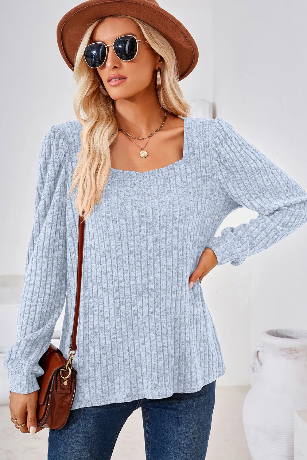 Ribbed Square Neck Long Sleeve T-Shirt, image 17