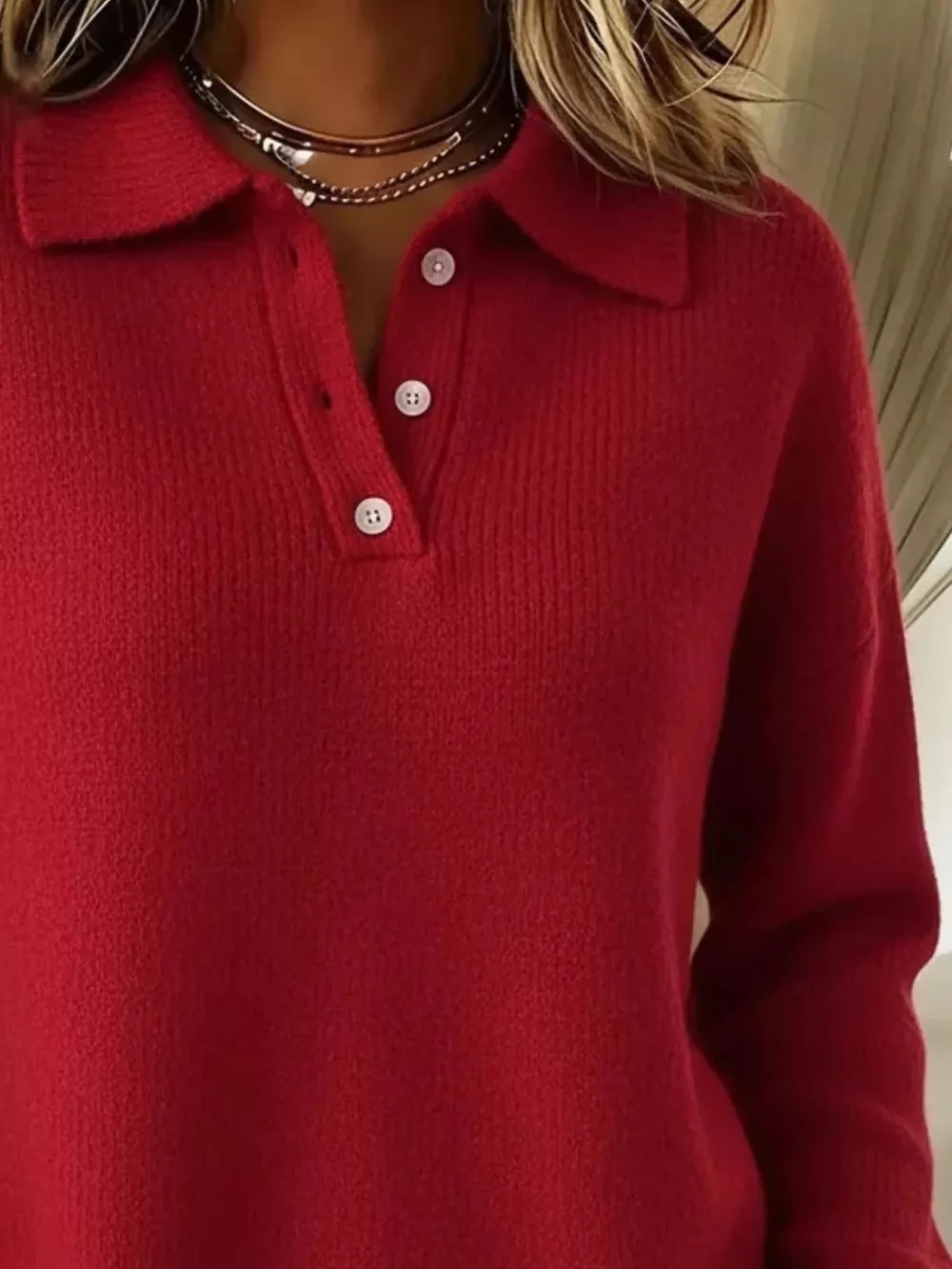 Full Size Half Button Collar Drop Shoulder Sweater Plus Size, image 9
