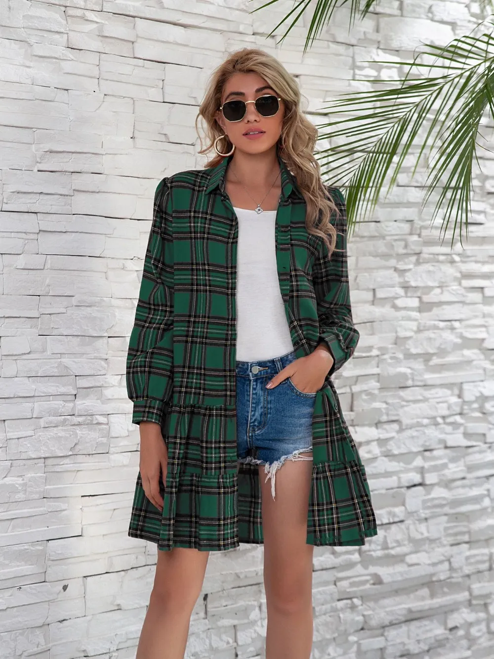Ruffle Hem Plaid Button Down Long Sleeve Dress, image 15
