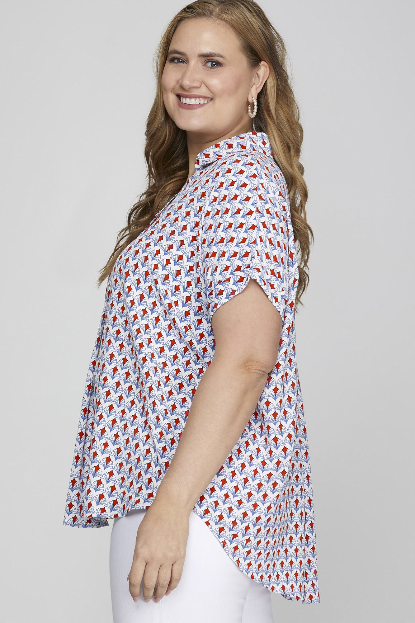 Full Size Printed Johnny Collar Short Sleeve Blouse Plus Size, image 3