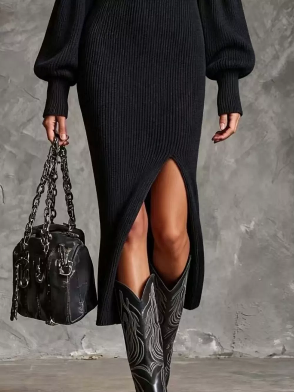 Ribbed Knit Quarter-Zip Lantern Sleeve Sweater Dress, image 9