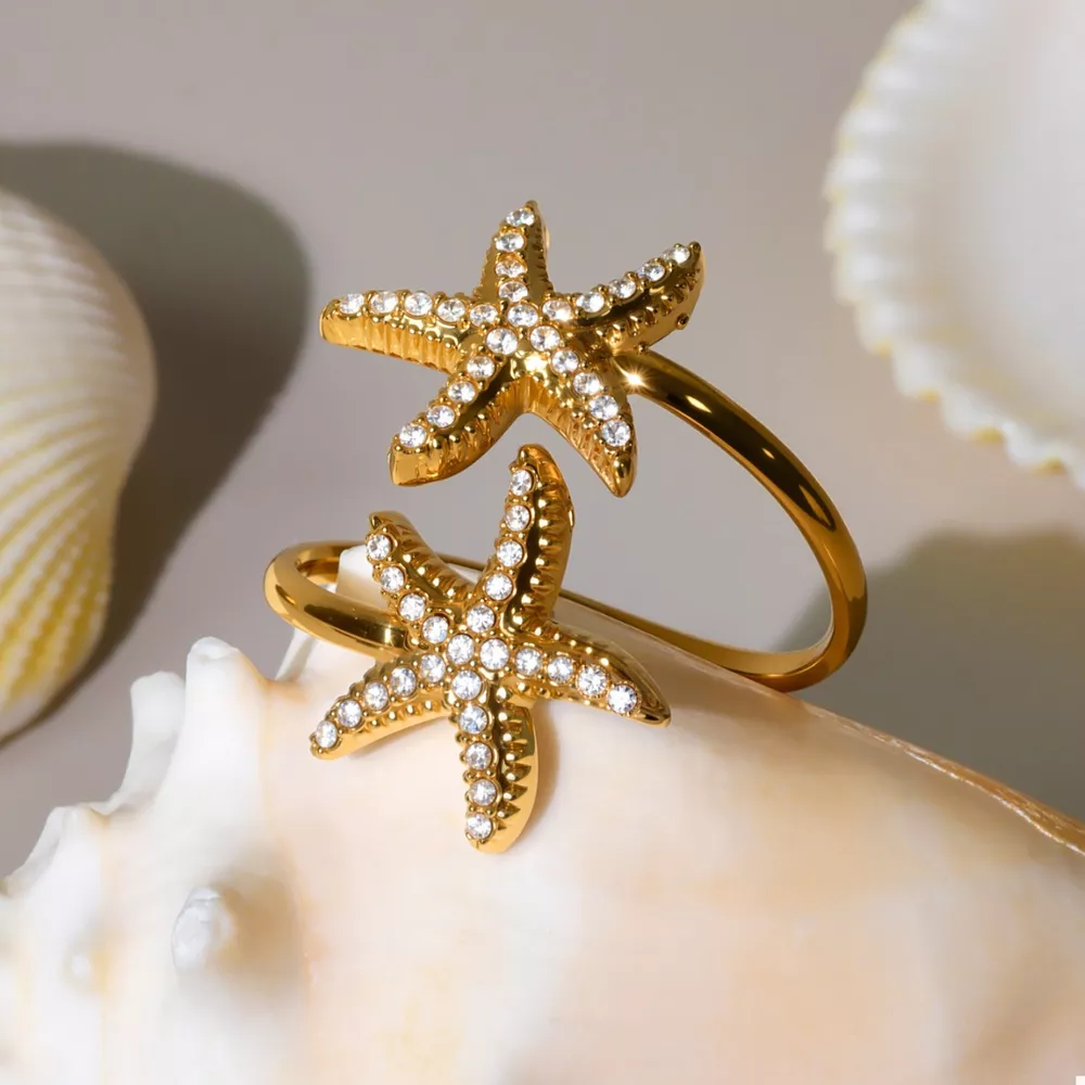 18K Gold-Plated Stainless Steel Zircon Starfish Ring, image 2