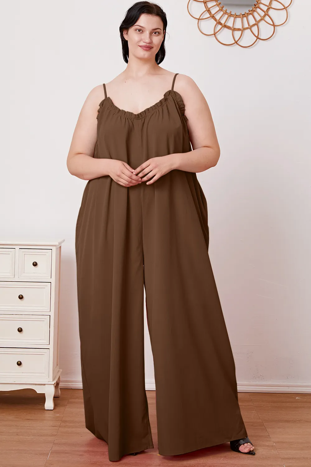 Full Size Ruffle Trim Tie Back Cami Jumpsuit with Pockets, image 4
