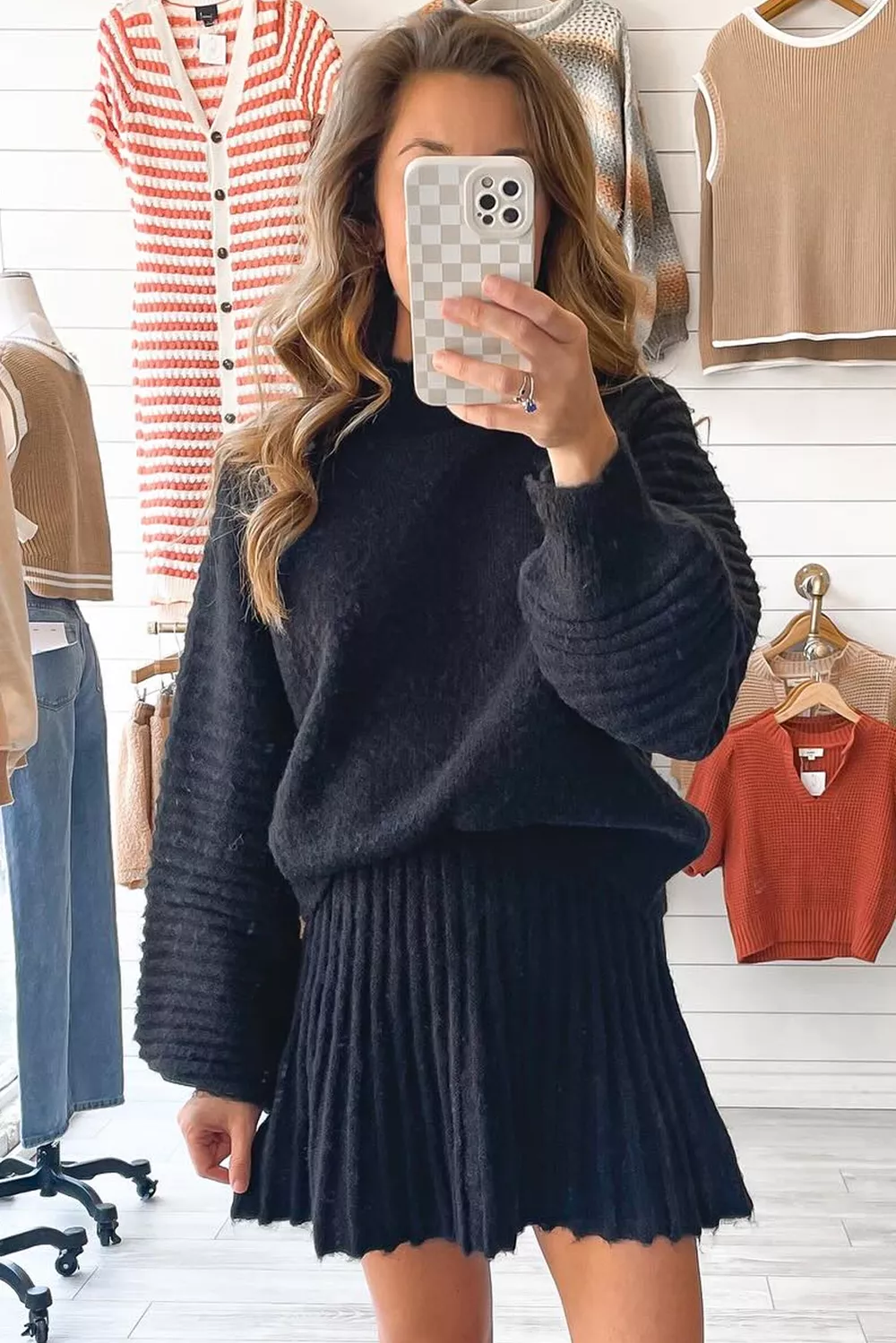 Round Neck Top and Skirt Sweater Set, image 2