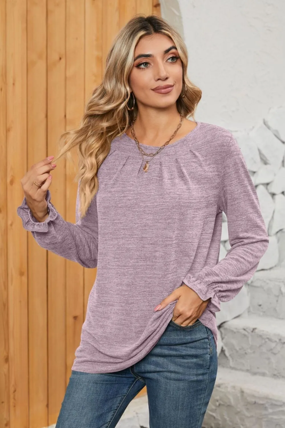 Ruched Round Neck Flounce Sleeve T-Shirt, image 23