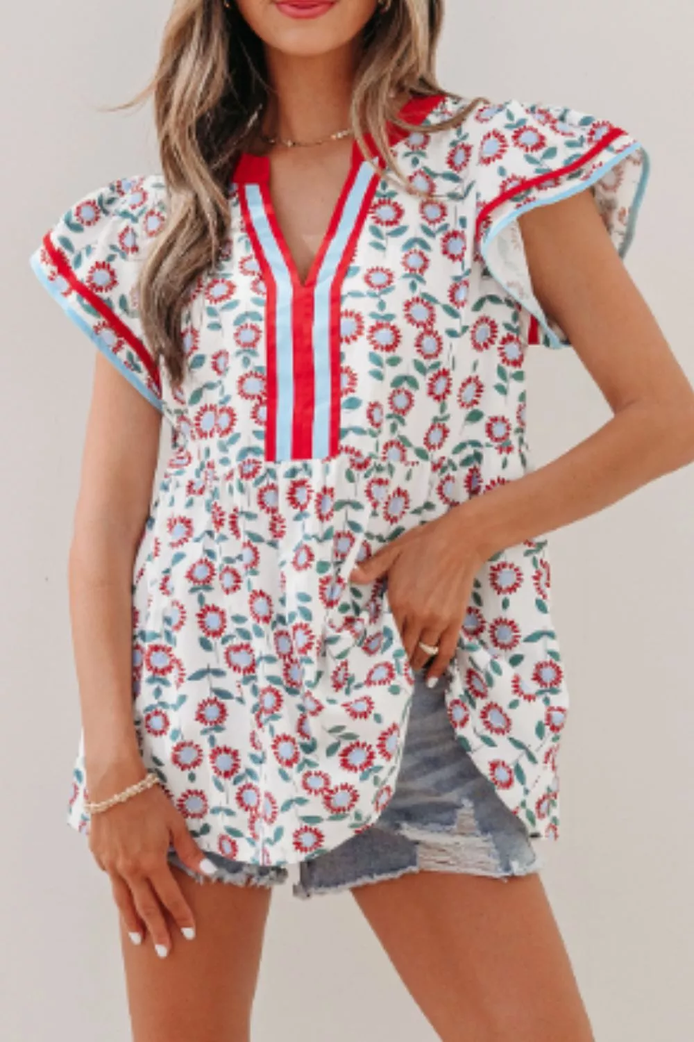 Floral Print Ruffle Sleeve Blouse, image 2