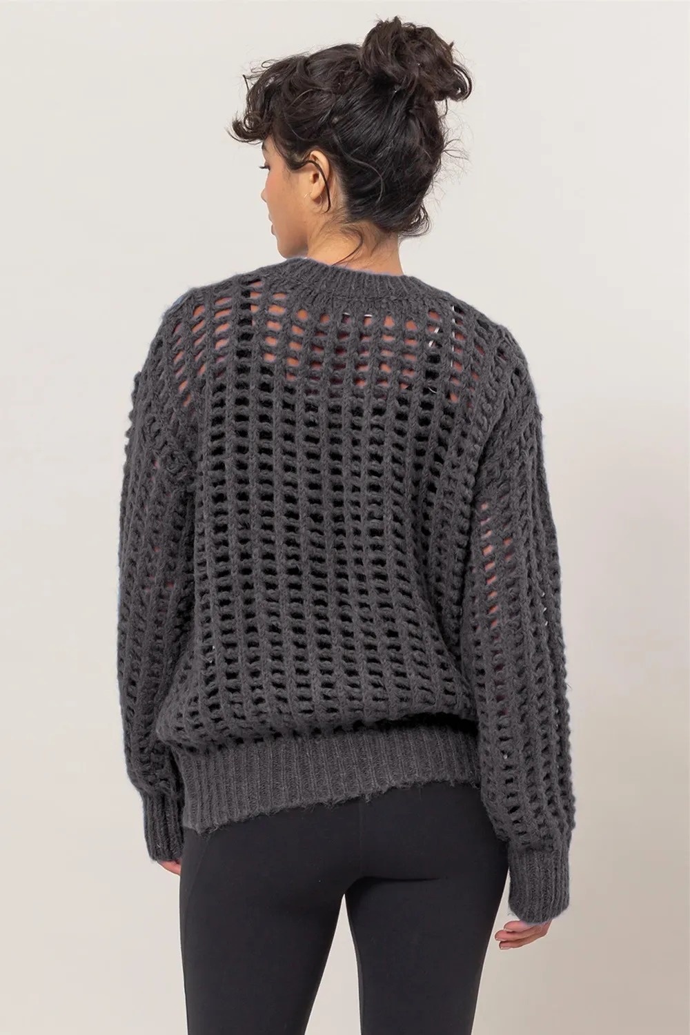 Openwork Round Neck Long Sleeve Knit Cover Up, image 2