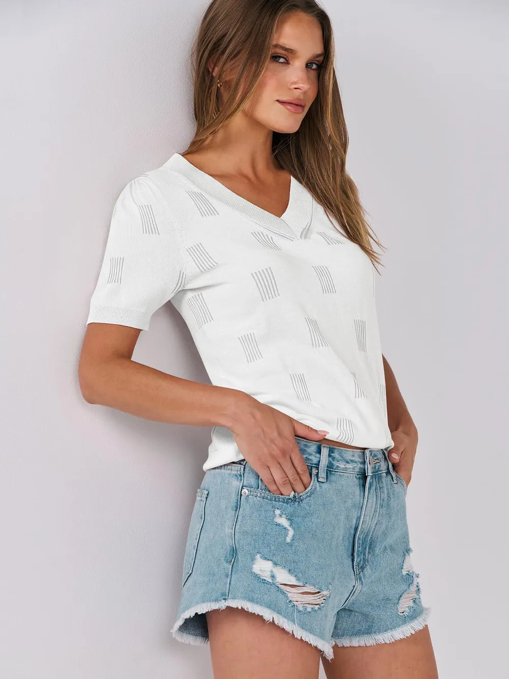 V-Neck Half Sleeve Knit Top, image 2