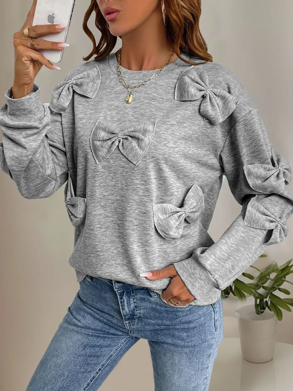 Bow Round Neck Long Sleeve Sweatshirt, image 4