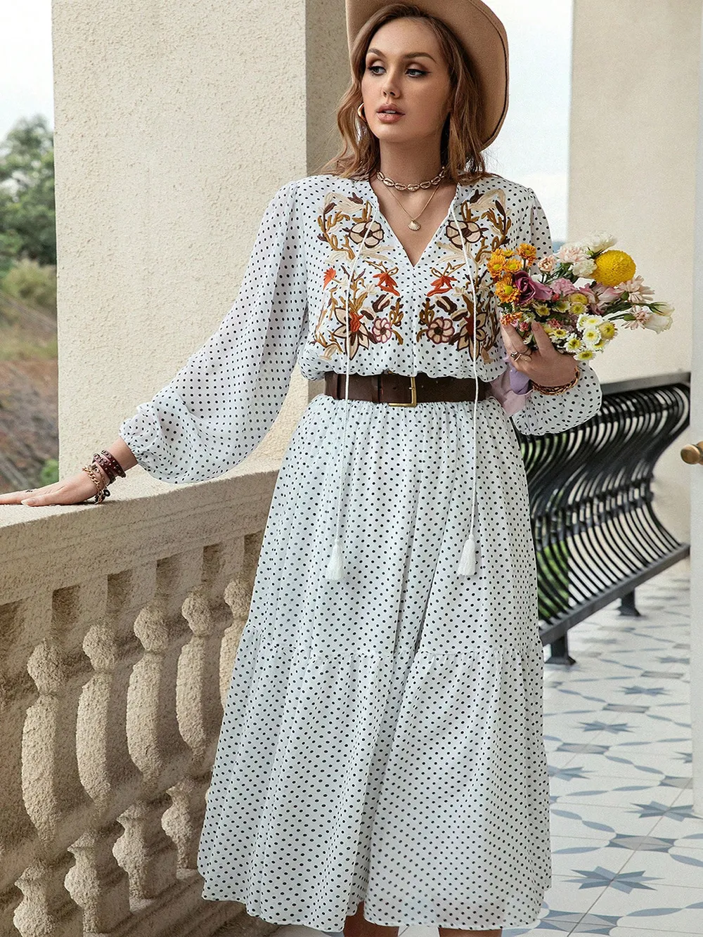 Plus Size Printed Tie Neck Long Sleeve Midi Dress, image 2