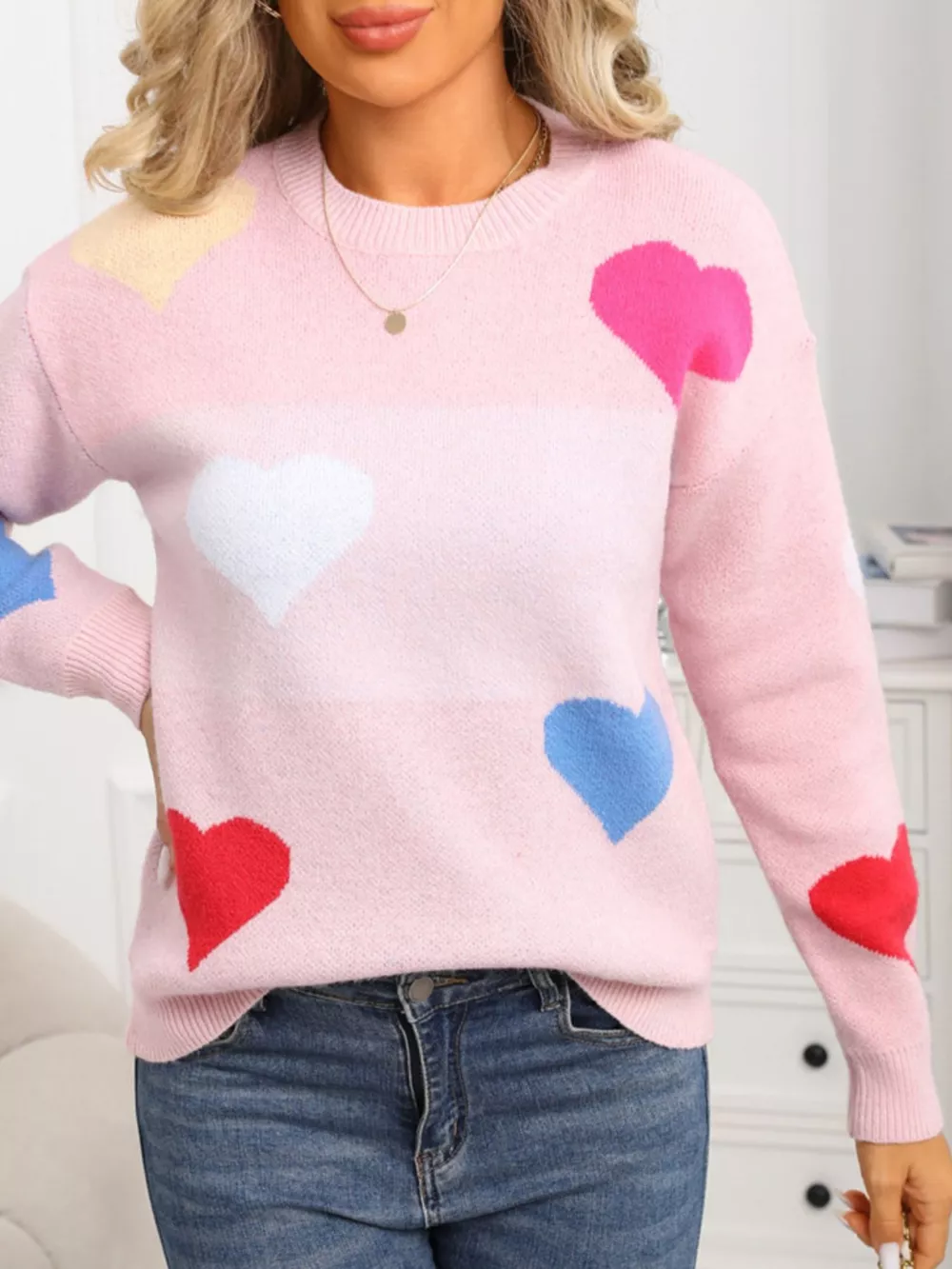 Valentine's Day Heart Round Neck Dropped Shoulder Sweater, image 5