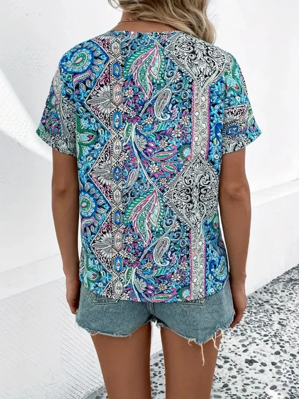 Bohemian Paisley Print V-Neck Short Sleeve T-Shirt, image 15